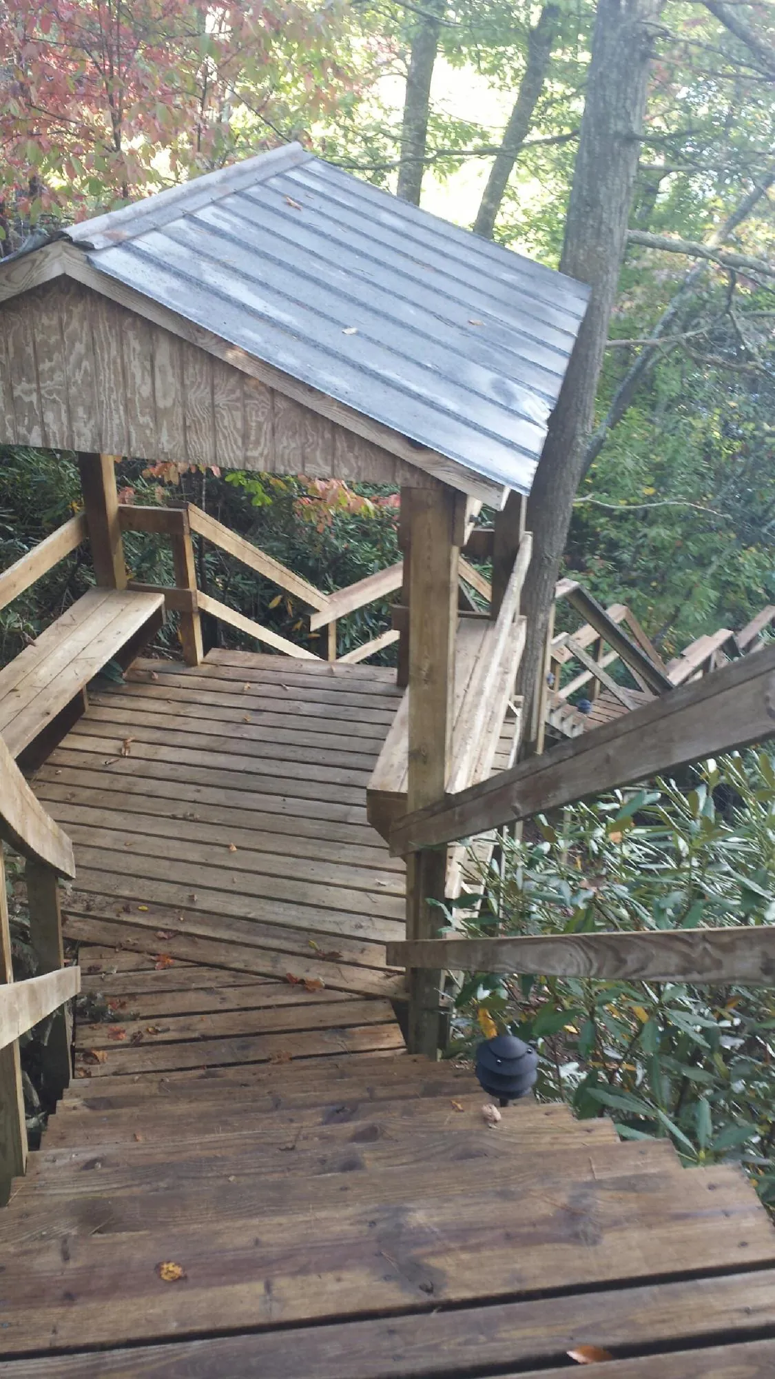 Metal roofed shelter over wooden steps on a wooded walkway — Skylight Repair & Installation work by our crew in Dime Box